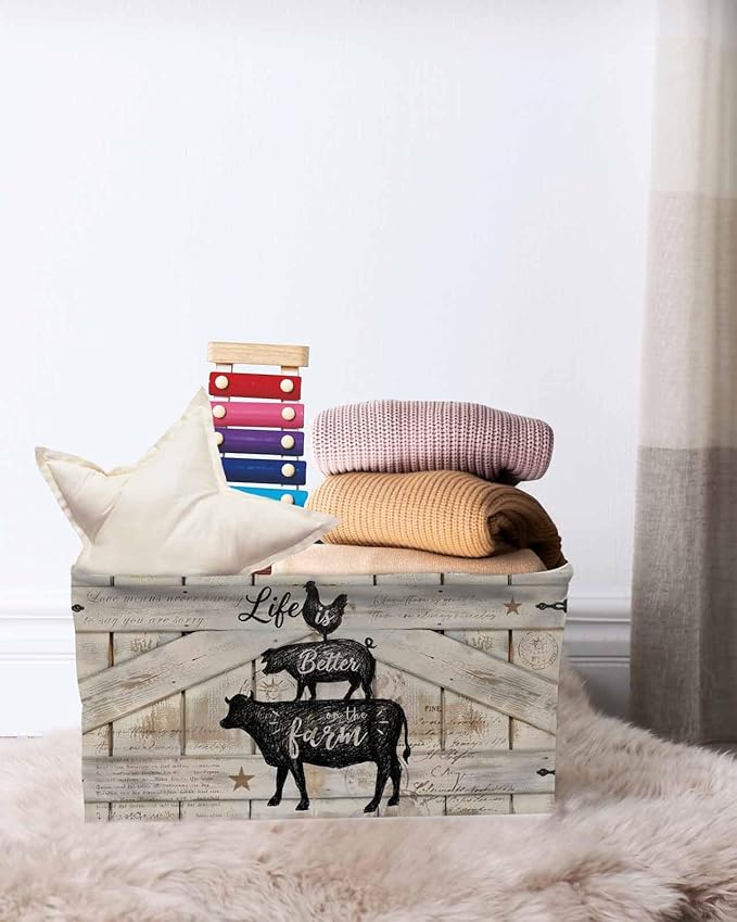 Farmhouse Animals Storage Bins Cubes Waterproof Cloth Storage Basket, Rooster Pig Cattle Vintage Wood Plank Foldable Storage Bags for Shelf Closet Clothes Organizers with Handles 15x11x9.5 in 1PCS