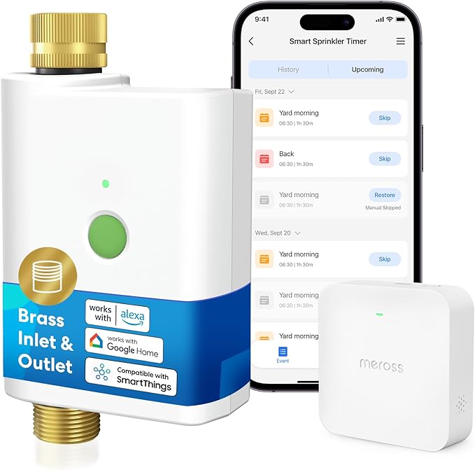meross WiFi Water Timer for Garden Hose, Smart Hose Timer with Brass Inlet & Outet, WiFi Sprinkler Valve Work with Alexa & Google Assistant, Smart Rain Skip for Lawn, Garden & Yard
