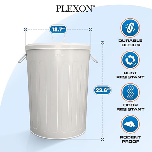 Plexon 20 Gallon Metal Trash Can with Lid Outdoor Large Trash Bin Steel Garbage Can for Garage Patio Farmhouse Bucket Bird Seed Storage Can Heavy Duty Round Container, Beige 6 Pack