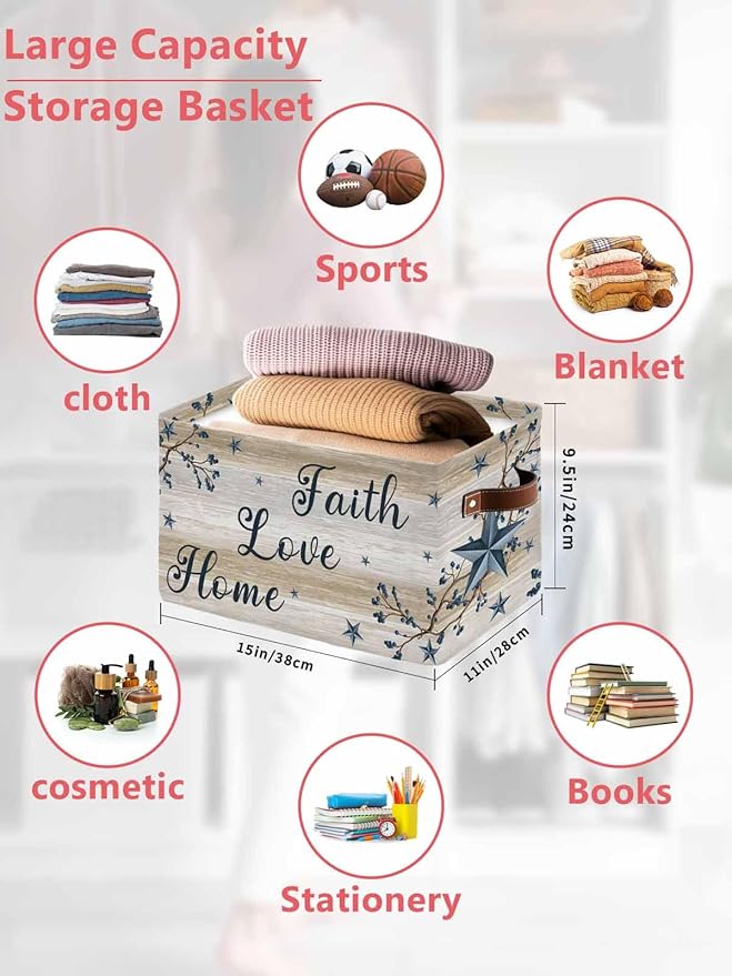 Vintage Country Storage Bins Cubes Waterproof Cloth Storage Basket,Blue Rustic Texas Star Vines Wooden Grain Foldable Storage Bags for Shelf Clothes Storages Organizers with Handles 15x11x9.5 in 1PCS