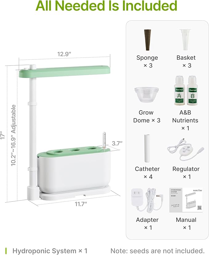 SUNCOZE Hydroponics Growing System Kit with 3 Pods – Full Spectrum LED Grow Light, Adjustable Height Indoor Herb Garden, Compact Hydroponic System for Beginners，Gardening Gifts