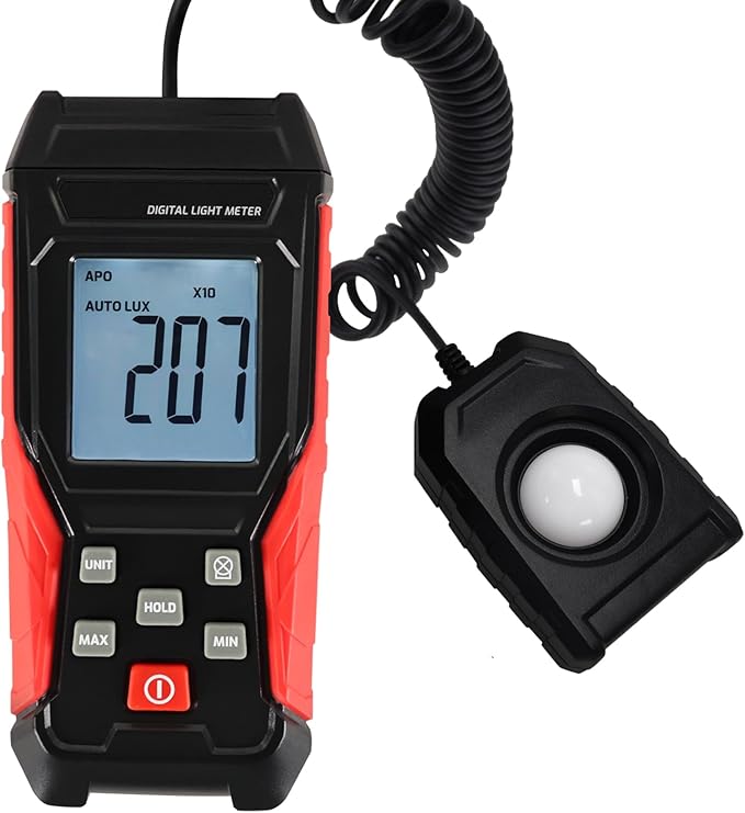Digital Lux Meter Light Meter Illuminance Meter 200000LUX Wide Measurement Range Lux Meter with Auto Select, Max/Min Reading, LUX/FC Options Photometer Light Measurement Tool for indoor Outdoor Plants