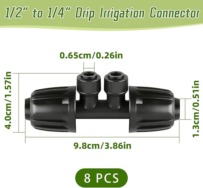 8 PCS 1/2" to 1/4" Drip Irrigation Tee Fittings,4 Way Barbed Tee 1/2 Inch to 1/4 Inch Quick Connect Irrigation Tubing Fittings,Anti-Leak Reducing Splitter Tee Connectors for Garden Irrigation System