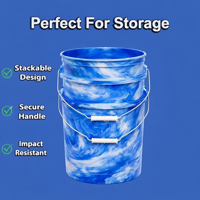 MKS Plastics 5-Gallon Bucket with Airtight Lid – Made in USA, Food Grade BPA Free Plastic, Heavy Duty Multi-Use, Metal Handle with Grip, Stackable Storage – Mystery Swirl, 3 Pack