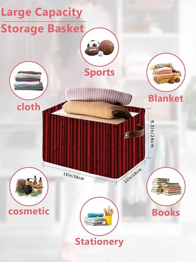 Red Plants Texture Storage Bins Cubes Waterproof Cloth Storage Basket, Vintage Country Trees Pattern Foldable Storage Bags for Shelf Closet Clothes Storages Organizers with Handles 15x11x9.5 in 1PCS