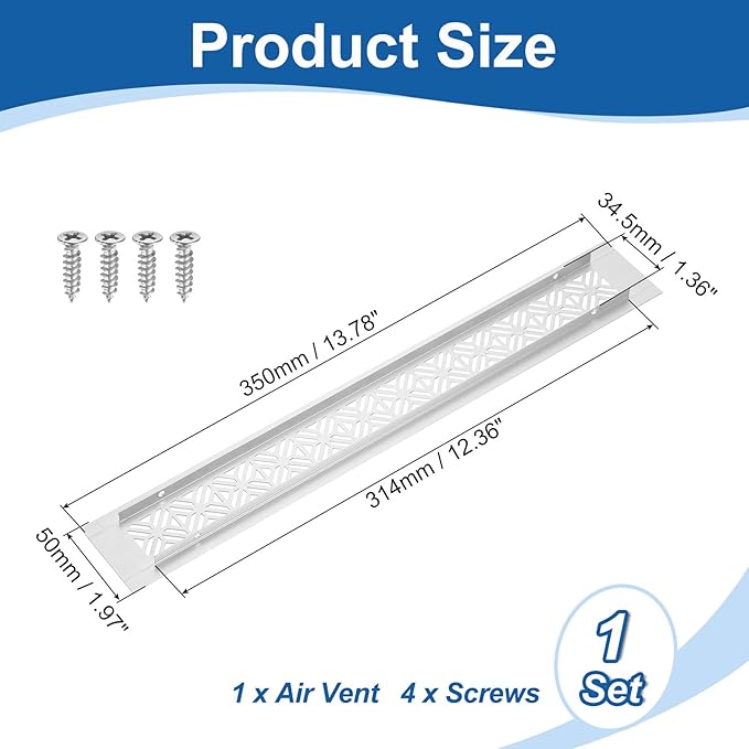uxcell Aluminum Alloy Air Vents, 350 x 50mm / 13.8 x 2" Rectangle Louvered Ventilation Grille Cover with Mounting Screws for Door Cabinet Wardrobe, Silver