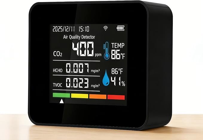 Smart Air Quality Monitor, Indoor Air Quality Meter with HCHO, CO2, PM2.5 PM10,PM1.0, TVOC, AQI, Temperature & Humidity,Time&Date,Alarm, 1-Year Data Storage, App Control for Home & Office