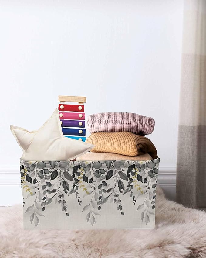Grey Eucalyptus Storage Bins Cubes Waterproof Cloth Storage Basket, Farmhouse Weeping Leaves on Linen Foldable Storage Bags for Shelf Closet Clothes Storages Organizers with Handles 15x11x9.5 in 2PCS