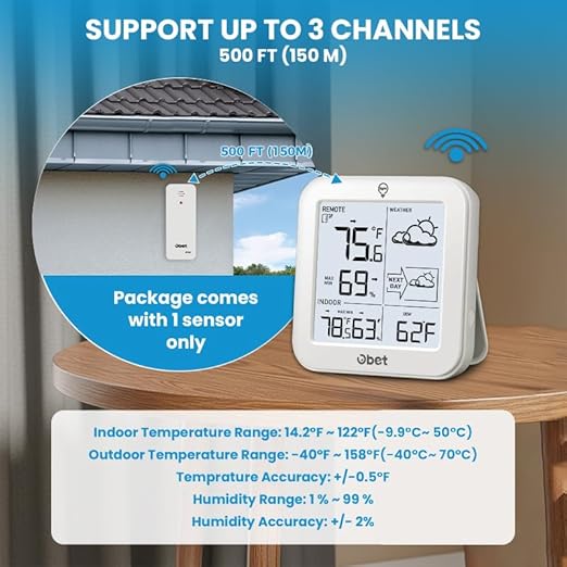 OBET Indoor Outdoor Thermometer Wireless Weather Station, Battery Powered Inside Outside Thermometers Hygrometer Monitor with Backlight, Max/Min Record, Dew Point, Heat Index, Pressure (500 Feet)