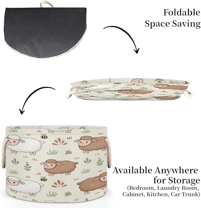 Large Storage Baskets - Farm Animal Sheep Nursery Round Organizer Bin Box, Collapsible Laundry Hamper for Kids Toys, Blanket, Bedroom Living Room Home Decor, Gift Basket, 19.4"x13.3"