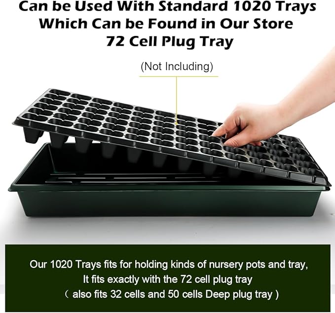 RooTrimmer 10 Pack 1020 Trays No Holes-Reusable Nursery Flats for 50/72 Cell Plug Tray, Heavy Duty Seed Starter Trays for Transplant, Seed Starting, Plant Propagation & Seed Germination (Dark Green)