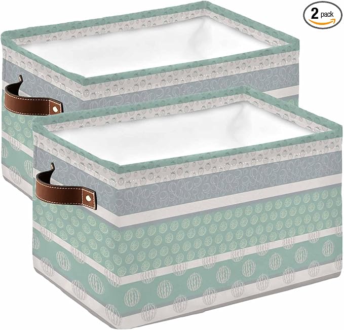 Farm Fruits Storage Bins Cubes Waterproof Cloth Storage Basket,Watermelon Lemons Peach Green Grey Striped Foldable Storage Bags for Shelf Clothes Storages Organizers with Handles 15x11x9.5 in 2PCS