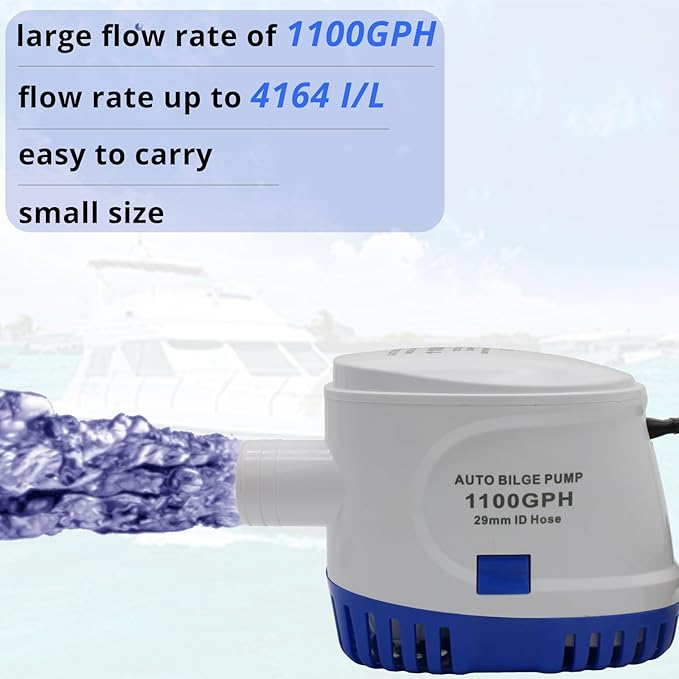 1100GPH 12V Auto Bilge Pump, Marine Automatic Bilge Pump Built-in Float Switch, Suitable for Boats, Yacht, Pools