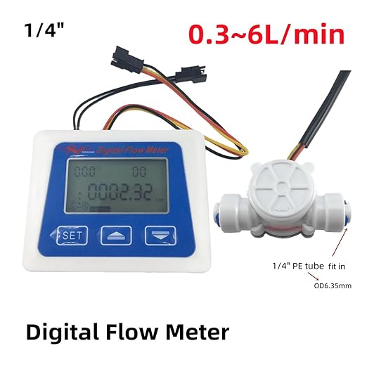 Water Flow Sensor Digital LCD Display Water Flow Sensor Meter, Flowmeter Totalmeter with 3/8" / 1/4" Flow Battery Working Meter(3/8")