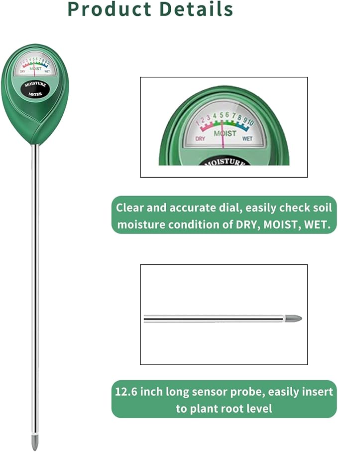Censinda Soil Moisture Meter, Long Probe Soil Moisture Monitor for House Plants, Soil Hygrometer Moisture Sensor for Indoor & Outdoor, Garden, Farm, Lawn Plant Care, No Battery Needed(Green)