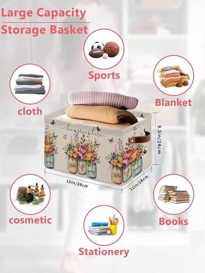 Farmhouse Flowers Storage Bins Cubes Waterproof Cloth Storage Basket,Spring Watercolor Floral Leaf on Linen Foldable Storage Bags for Shelf Clothes Storages Organizers with Handles 15x11x9.5 in 2PCS