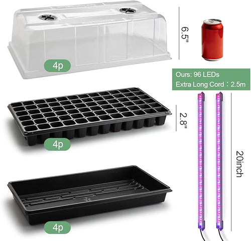 1020 Trays with Grow Light and 6.3" Humidity Dome - 4 Pack Heavy Duty Seed Trays with 72 Cell Plug Trays, Germination Kit with Timer and Dimmable LED - Reusable Plant Propagation Box for Gardening