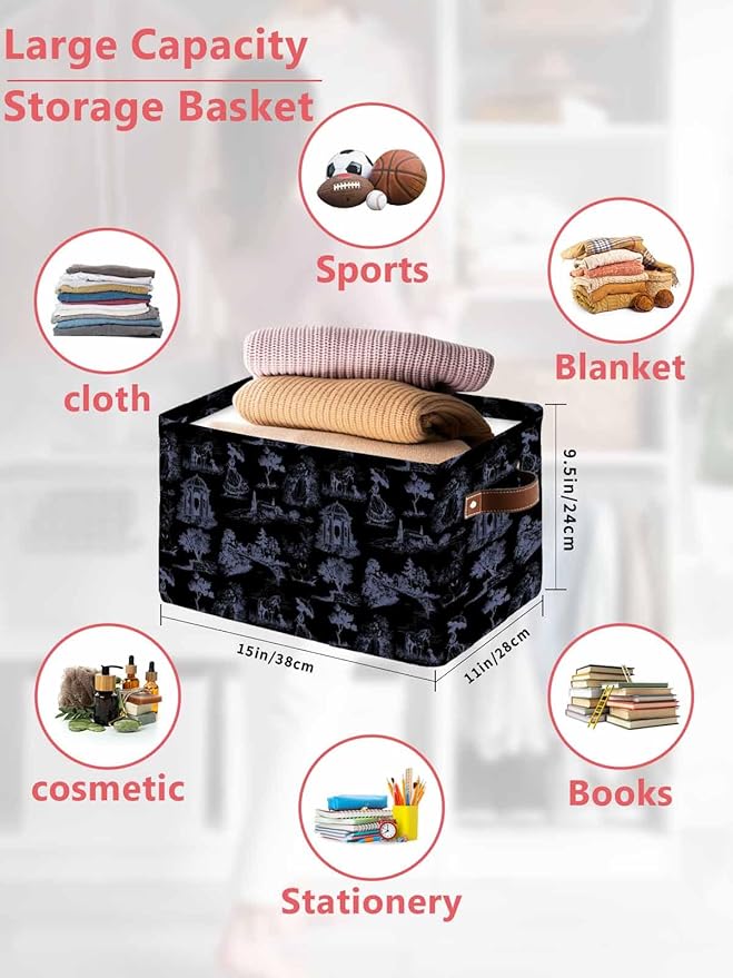 Farmhouse Country Storage Bins Cubes Waterproof Cloth Storage Basket, Vintage Black French Garden Horse Swan Foldable Storage Bags for Shelf Closet Clothes Organizers with Handles 15x11x9.5 in 2PCS