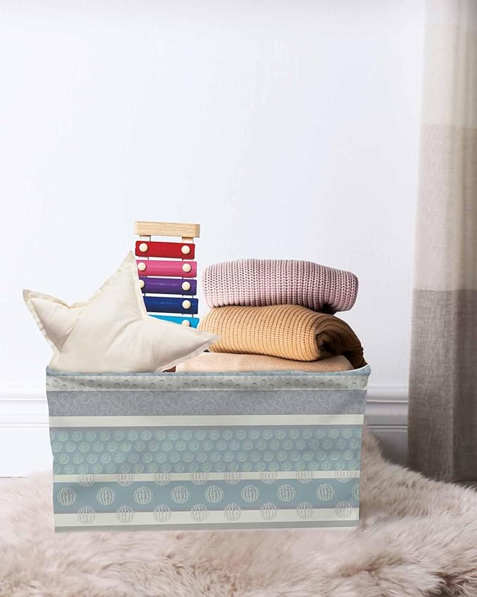 Farm Fruits Storage Bins Cubes Waterproof Cloth Storage Basket,Watermelon Lemons Peach Blue Grey Striped Foldable Storage Bags for Shelf Clothes Storages Organizers with Handles 15x11x9.5 in 1PCS