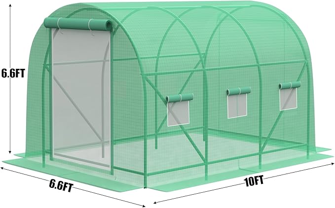 Greenhouse with Watering System, Outdoor Greenhouse with 6 Mesh Windows and 1 Door, Greenhouses with Drip Irrigation System for Plants, Seedlings, Flowers and Garden Raised Beds (10x7x7 FT)