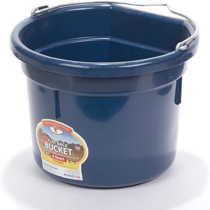 Little Giant® Flat Back Plastic Animal Feed Bucket | Animal Water and Feed Bucket with Metal Handle | 8 Quarts | Navy