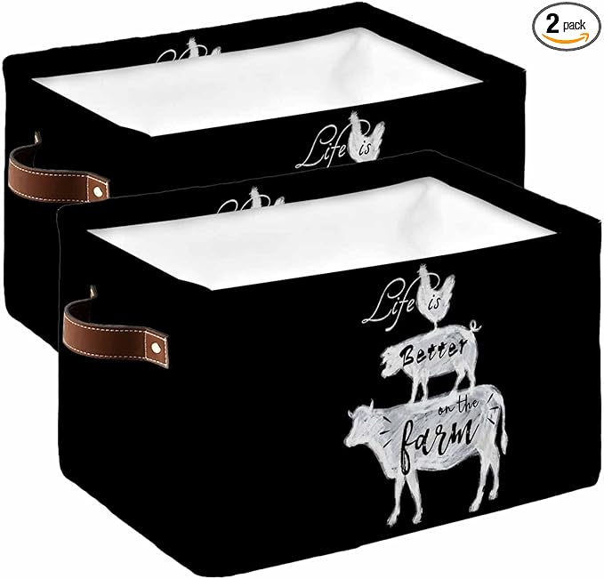 Farm Animals Storage Bins Cubes Waterproof Cloth Storage Basket, Cow Pig Rooster Rustic Vintage Black Foldable Storage Bags for Shelf Closet Clothes Organizers with Handles 15x11x9.5 in 2PCS