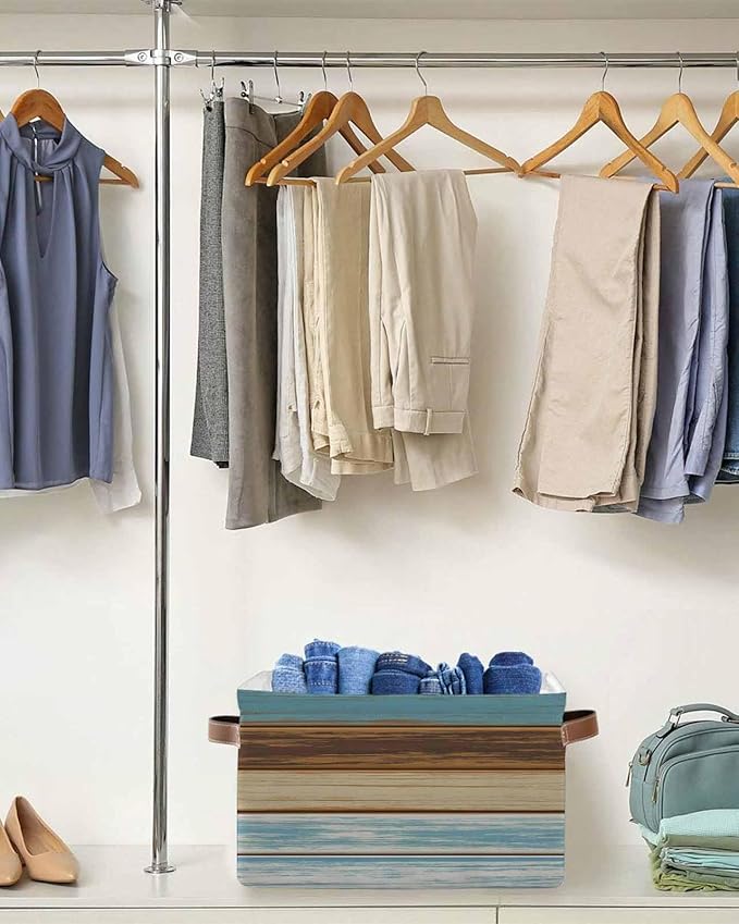Blue Brown Storage Bins Cubes Waterproof Cloth Storage Basket, Farmhouse Rustic Wooden Plank Board Foldable Storage Bags for Shelf Closet Clothes Storage Organizers with Handles 15x11x9.5 in 2PCS