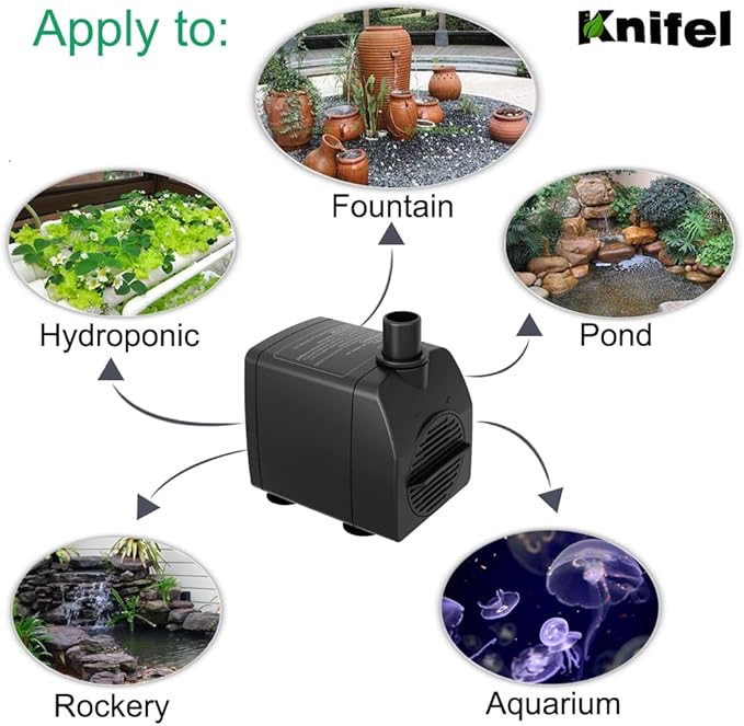 Knifel Submersible Pump 200GPH Ultra Quiet with Over Heating Protection 5.2ft High Lift for Fountains, Hydroponics, Ponds, Aquariums & More…