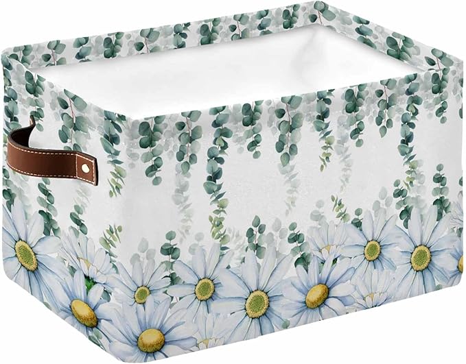 Daisy Eucalyptus Storage Bins Cubes Waterproof Cloth Storage Basket, Farmhouse Weeping Botanical Foldable Storage Bags for Shelf Closet Clothes Storages Organizers with Handles 15x11x9.5 in 1PCS
