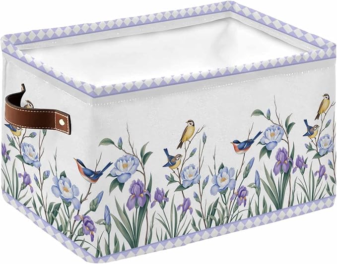 Spring Flowers Storage Bins Cubes Waterproof Cloth Storage Basket,Vintage Blue Floral Leaves Birds Rustic Plants Foldable Storage Bags for Shelf Storages Organizers with Handles 15x11x9.5 in 1PCS