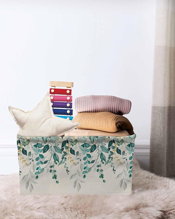Teal Green Eucalyptus Storage Bins Cubes Waterproof Cloth Storage Basket,Farmhouse Weeping Leaves Linen Foldable Storage Bags for Shelf Clothes Storages Organizers with Handles 15x11x9.5 in 2PCS