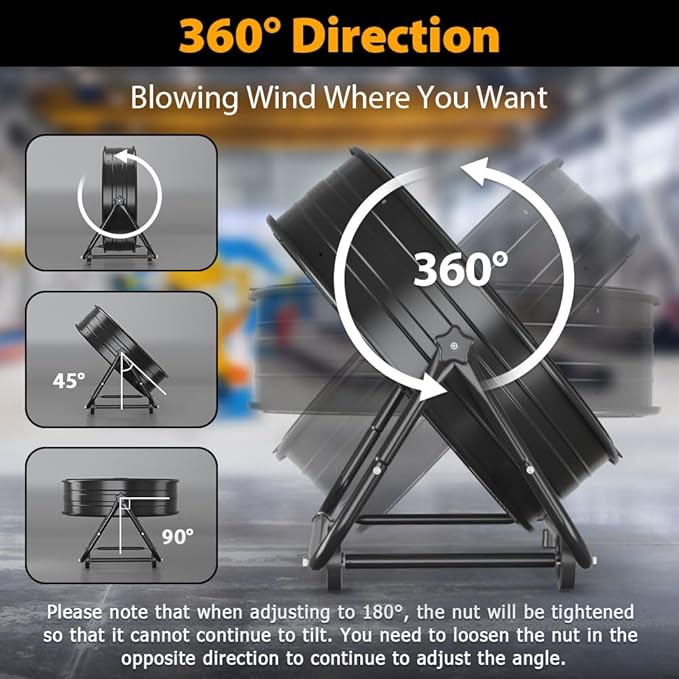 LifePlus 36" Industrial Drum Fan, 21800 CFM 600W High Velocity 3-Speed Heavy Duty Metal Air Circulator with 360° Tilt, Casters Handle for Warehouse Factory workshops Patios Garage, Black