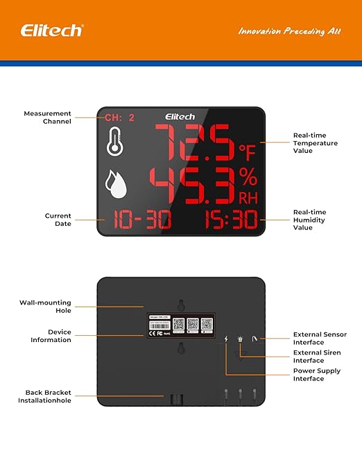 Elitech Wireless Hygrometer Thermometer Reusable Temperature Recorder Data Logger Temperature Humidity with Large Screen Data Storage Export, DR-230W-THE with External Temperature and Humidity Sensor