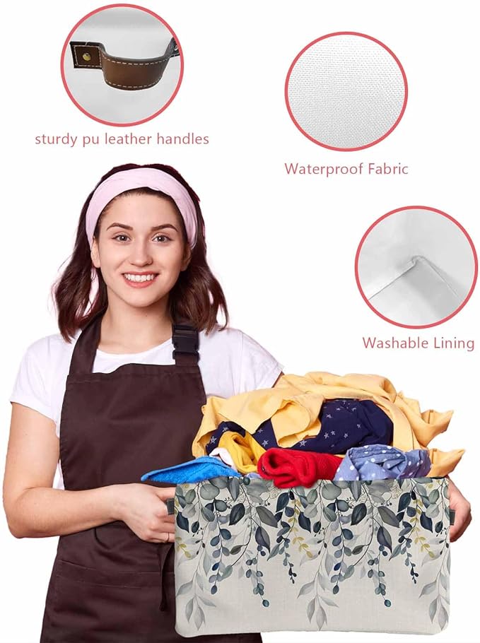 Blue Grey Eucalyptus Storage Bins Cubes Waterproof Cloth Storage Basket,Farmhouse Weeping Leaves on Linen Foldable Storage Bags for Shelf Clothes Storages Organizers with Handles 15x11x9.5 in 2PCS