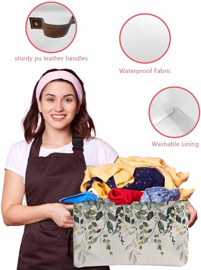 Green Eucalyptus Storage Bins Cubes Waterproof Cloth Storage Basket, Farmhouse Weeping Leaves on Linen Foldable Storage Bags for Shelf Closet Clothes Storages Organizers with Handles 15x11x9.5 in 2PCS