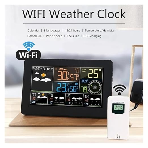 WiFi Weather Station Wireless Indoor Outdoor with Large Color Display, App Controlled Temperature Humidity Sensor, Smart Weather Forecast Alarm Clock