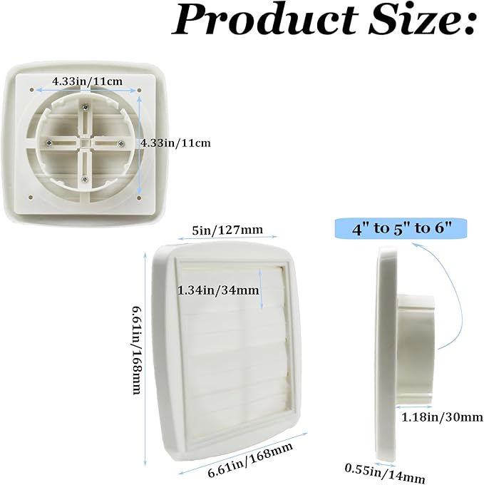 Adjustable Dryer Vent Cover Outside 4'' to 5'' to 6'' Plastic Louvered Dryer Vent Covers for Wall Airflow Vent Dryer Cover with 16 Screws, White(2Packs)