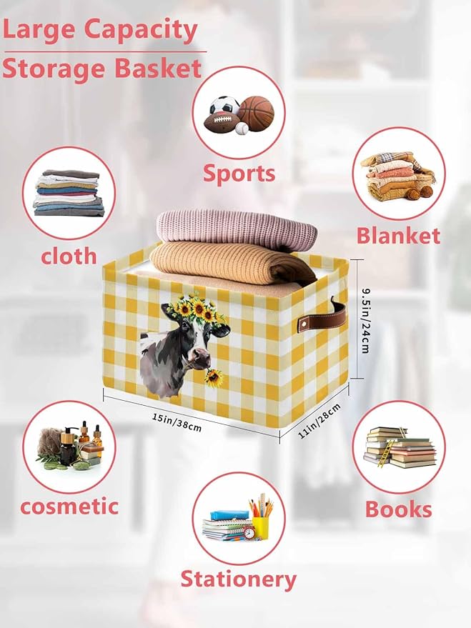 Sunflowers Cow Storage Bins Cubes Waterproof Cloth Storage Basket, Farm Animal Yellow Buffalo Plaid Foldable Storage Bags for Shelf Closet Clothes Storages Organizers with Handles 15x11x9.5 in 1PCS