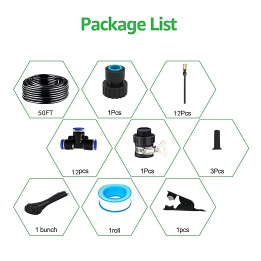 50FT Drip Irrigation Kit, Automatic Garden Watering System with Tool-Free Quick Connectors, 360° Bending Droppers & Copper Misting Nozzles for Greenhouse, Patio, Lawn & Vegetable Garden. (15M)