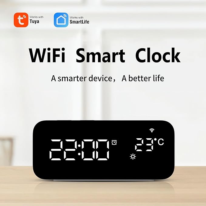 Smart Wifi Alarm Clock with Timer, USB 2A+1C Fast Charging, 2AC Smart Port, App Remote Control, Digital LED Large Screen Power-off Countdown Timer, Snooze Alarm, Time, Weather and Temperature Display