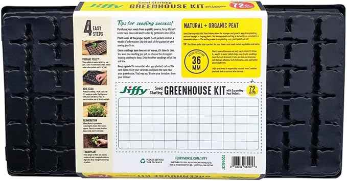 Ferry Morse Jiffy Seed Starting Greenhouse Tray Kit with 72 36mm Peat Pellets and Bonus SUPERthrive Sample + Plant Markers, 2 Pack, 144 Pellets Total