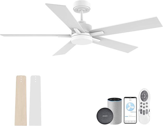 Lorpies 52” Smart Ceiling Fan with Lights Remote,Voice Control via Alexa Google WIFI App,Ultra Quiet DC Motor,Outdoor Indoor Modern Ceiling Fans,6-Speed for Bedroom Patio Porch,White and Wood Color