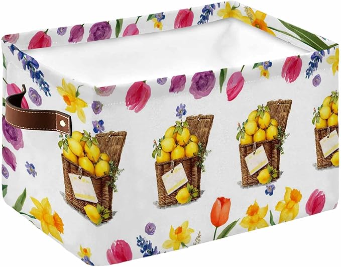 Spring Floral Storage Bins Cubes Waterproof Cloth Storage Basket, Watercolor Lemons in Basket Garden Flowers Foldable Storage Bags for Shelf Closet Clothes Organizers with Handles 15x11x9.5 in 1PCS