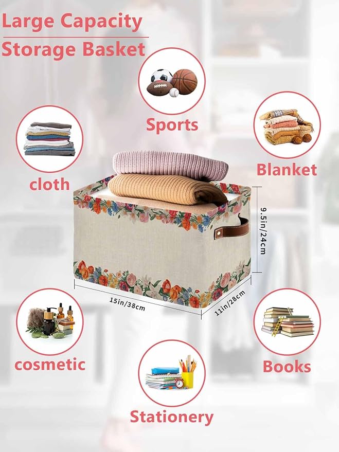 Colorful Roses Floral Storage Bins Cubes Waterproof Cloth Storage Basket,Farmhouse Spring Flowers Vintage Foldable Storage Bags for Shelf Clothes Storages Organizers with Handles 15x11x9.5 in 2PCS