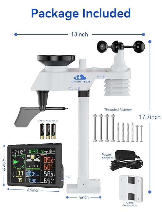 10-in-1 Wireless Weather Station with Dual Display, Outdoor Sensor, Rain Gauge, Atomic Clock, Wind Speed, Indoor Temp/Humidity, Barometric Pressure,etc (No WiFi)
