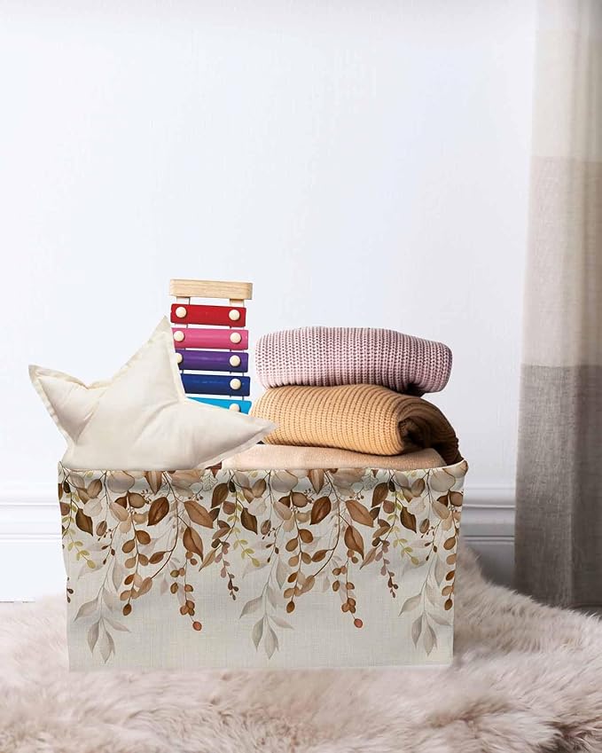 Brown Orange Eucalyptus Storage Bins Cubes Waterproof Cloth Storage Basket,Farmhouse Weeping Leaves Linen Foldable Storage Bags for Shelf Clothes Storages Organizers with Handles 15x11x9.5 in 1PCS