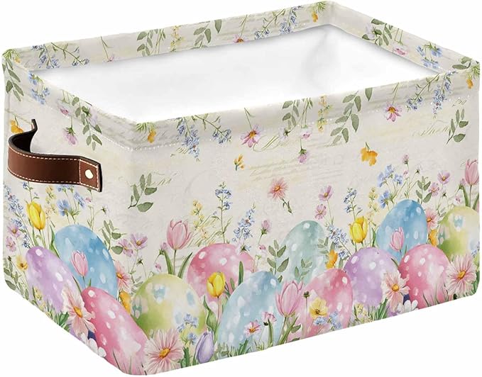 Easter Eggs Storage Bins Cubes Waterproof Cloth Storage Basket, Spring Daisy Eucalyptus Leaves Vintage Foldable Storage Bags for Shelf Closet Clothes Storages Organizers with Handles 15x11x9.5 in 1PCS