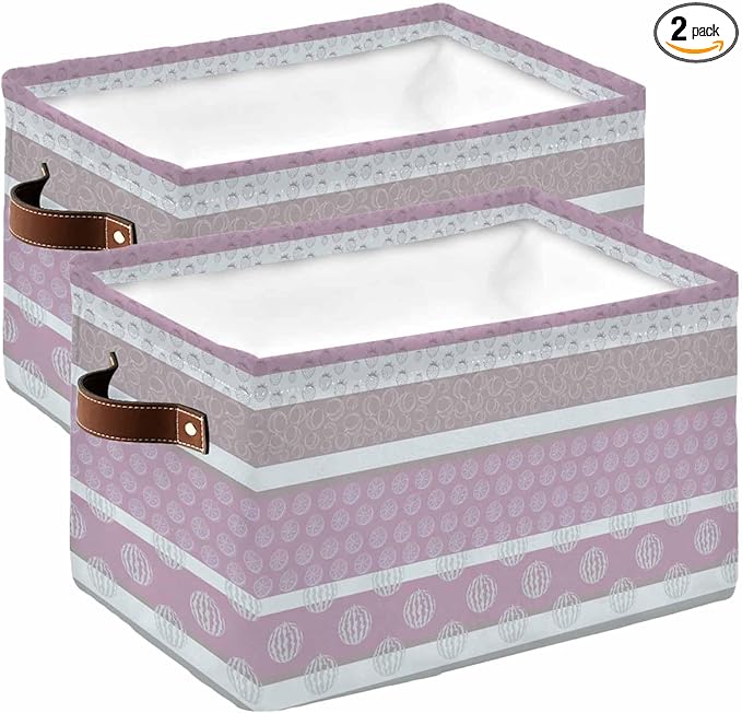 Farm Fruits Storage Bins Cubes Waterproof Cloth Storage Basket,Watermelon Lemons Peach Pink Grey Striped Foldable Storage Bags for Shelf Clothes Storages Organizers with Handles 15x11x9.5 in 2PCS
