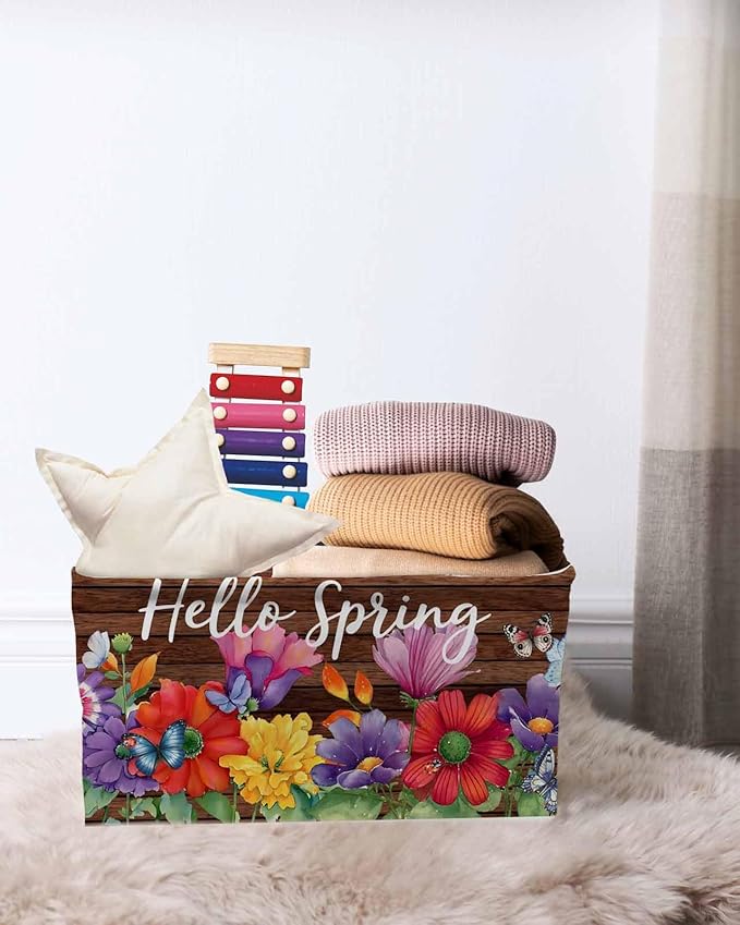 Spring Flowers Storage Bins Cubes Waterproof Cloth Storage Basket,Watercolor Farmhouse Colorful Wooden Grain Foldable Storage Bags for Shelf Clothes Storages Organizers with Handles 15x11x9.5 in 1PCS