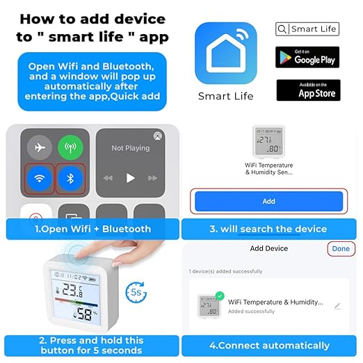 WiFi Hygrometer Thermometer, Indoor Tuya Wireless Smart Temperature and Humidity Sensor Backlight LCD Screen Thermometer Monitor with App Control, Compatible with Alexa, Google Home (White)